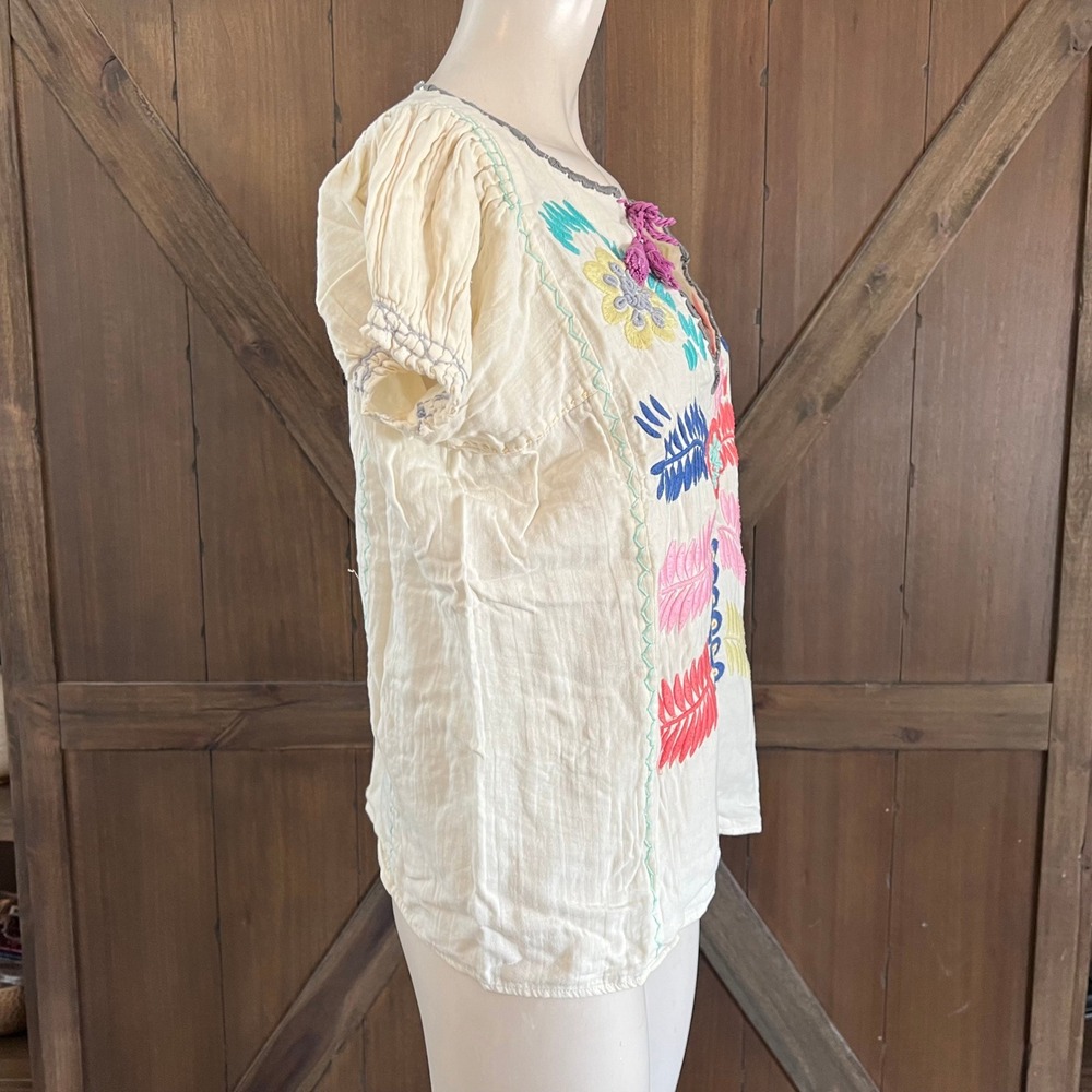 Corey Lynn Calter Womens XS Cream Cotton Embroidered Boho Tassel Blouse Top